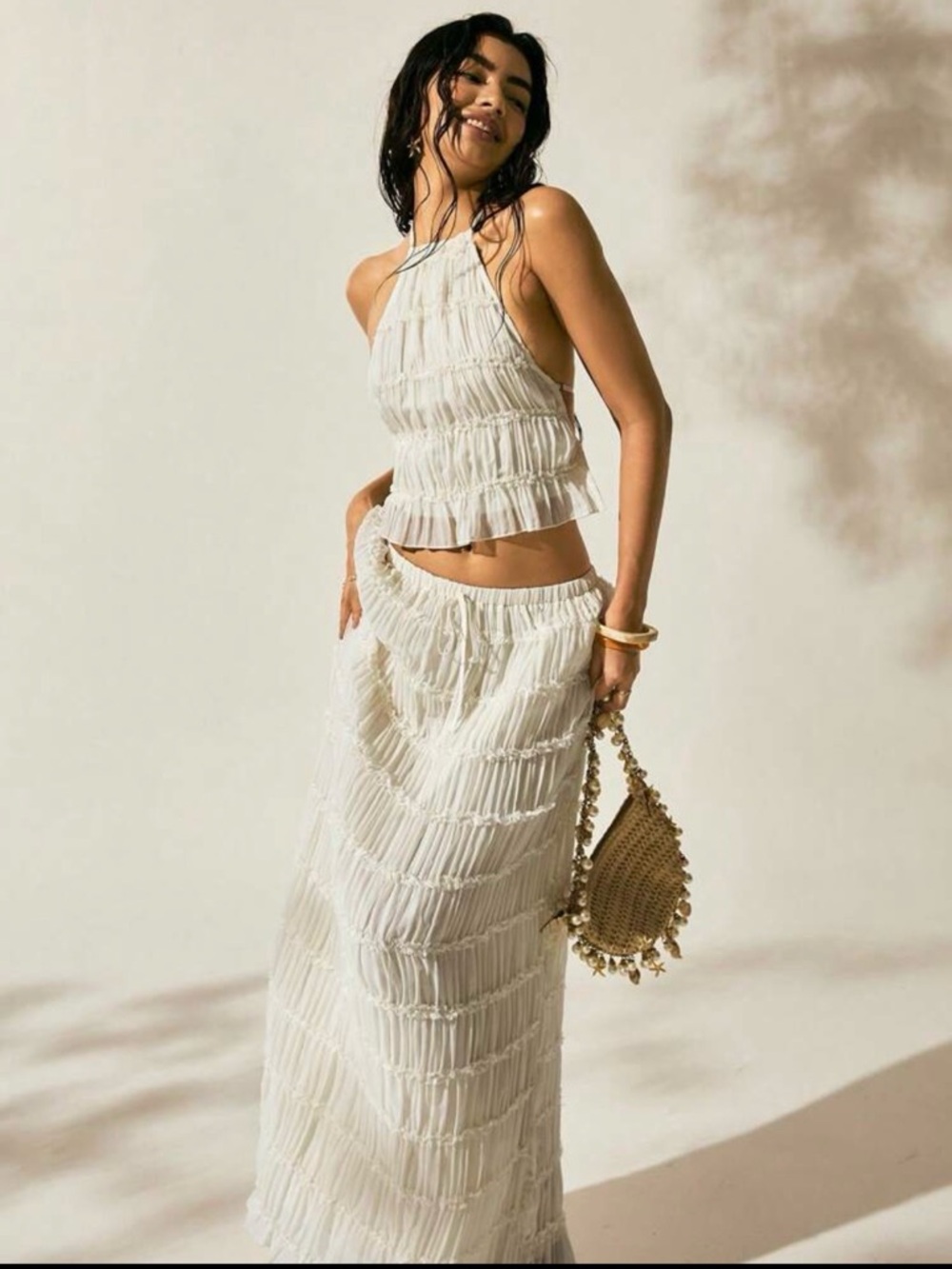 White Textured Maxi Skirt Set with halter top- Elegant Summer Style